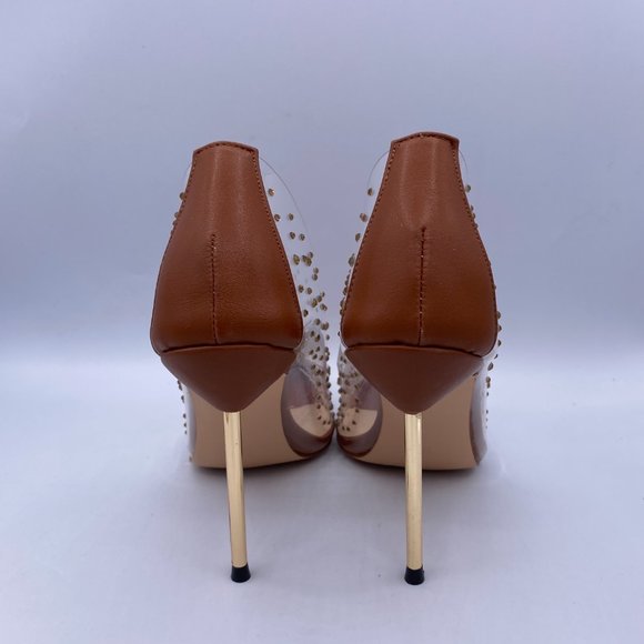 FSJ Brown Studded Pointed Toe Transparent Pumps - Picture 6 of 9